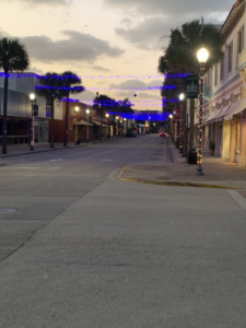 Early morning walk with Christmas lights downtown