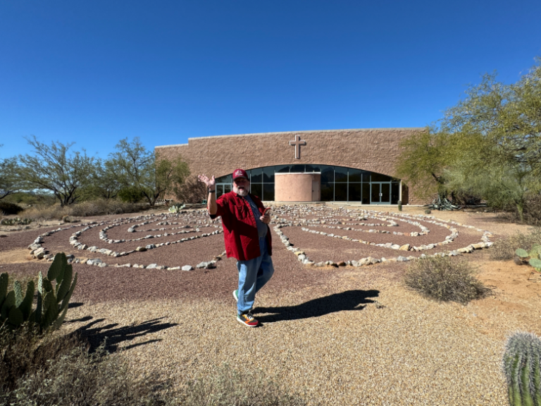 Monte, living his best life at the Episcopal Church of the Apostles labyrinth